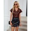 Blooming Jelly Women’s Satin Ruffle Sleeve Blouse – Dressy Casual Business Wear(Dark Brown)