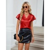 Blooming Jelly Women’s Satin Ruffle Sleeve Blouse – Dressy Casual Business Wear(Red)