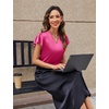 Blooming Jelly Women’s Satin Ruffle Sleeve Blouse – Dressy Casual Business Wear(Rose Red)