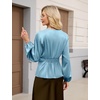 Blooming Jelly Womens Satin Silk Dressy Casual Business Blouse Button Down Long Sleeve Peplum Top Work Shirt Fall Outfit(Turquoise)