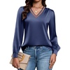 Blooming Jelly Women Silk Business Dressy Casual Blouses Long Sleeve Tops(Navy Blue)