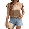 Blooming Jelly Womens Dressy Business Casual Blouse Pleated Ruffle Tops Key Hole Satin Silk Work Shirt Summer Outfits(Khaki)