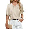 Blooming Jelly Women’s Dressy Business Casual Blouses Silk Puff Sleeve Tops Summer Outfits V Neck Pleated Work Shirts 2025(Apricot)