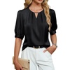 Blooming Jelly Women’s Dressy Business Casual Blouses Silk Puff Sleeve Tops Summer Outfits V Neck Pleated Work Shirts 2025(Black)