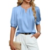 Blooming Jelly Women’s Dressy Business Casual Blouses Silk Puff Sleeve Tops Summer Outfits V Neck Pleated Work Shirts 2025(Blue)