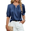 Blooming Jelly Women’s Dressy Business Casual Blouses Silk Puff Sleeve Tops Summer Outfits V Neck Pleated Work Shirts 2025(Navy Blue)