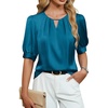 Blooming Jelly Women’s Dressy Business Casual Blouses Silk Puff Sleeve Tops Summer Outfits V Neck Pleated Work Shirts 2025(Turquoise)