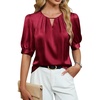 Blooming Jelly Women’s Dressy Business Casual Blouses Silk Puff Sleeve Tops Summer Outfits V Neck Pleated Work Shirts 2025(Wine Red)