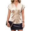 Blooming Jelly Womens Dressy Casual Blouses Satin Button Down Cap Sleeve Business Tops Tie Back Summer Outfits(Apricot)