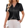 Blooming Jelly Womens Dressy Casual Blouses Work Short Sleeve Shirts Silk Satin V Neck Tops Summer Business Outfits(Black)