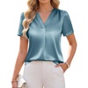 Blooming Jelly Womens Dressy Casual Blouses Work Short Sleeve Shirts Silk Satin V Neck Tops Summer Business Outfits(Turquoise)