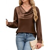 Blooming Jelly Womens Satin Blouse Cowl Neck Draped Long Sleeve Dressy Tops(Brown)
