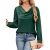 Blooming Jelly Womens Satin Blouse Cowl Neck Draped Long Sleeve Dressy Tops(Emerald Green)