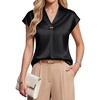 Blooming Jelly Womens Satin Business Casual Tops Cap Short Sleeve Blouse(Black)