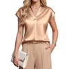 Blooming Jelly Womens Satin Business Casual Tops Cap Short Sleeve Blouse(Khaki)