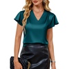 Blooming Jelly Women’s Satin Ruffle Sleeve Blouse – Dressy Casual Business Wear(Blue Green)
