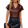 Blooming Jelly Women’s Satin Ruffle Sleeve Blouse – Dressy Casual Business Wear(Dark Brown)