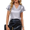 Blooming Jelly Women’s Satin Ruffle Sleeve Blouse – Dressy Casual Business Wear(Grey)