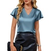 Blooming Jelly Women’s Satin Ruffle Sleeve Blouse – Dressy Casual Business Wear(Haze Blue)