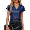 Blooming Jelly Women’s Satin Ruffle Sleeve Blouse – Dressy Casual Business Wear(Navy Blue)