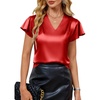 Blooming Jelly Women’s Satin Ruffle Sleeve Blouse – Dressy Casual Business Wear(Red)