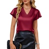 Blooming Jelly Women’s Satin Ruffle Sleeve Blouse – Dressy Casual Business Wear(Wine Red)