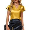 Blooming Jelly Women’s Satin Ruffle Sleeve Blouse – Dressy Casual Business Wear(Yellow)