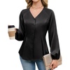 Blooming Jelly Womens Satin Silk Dressy Casual Business Blouse Button Down Long Sleeve Peplum Top Work Shirt Fall Outfit(Black)