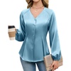 Blooming Jelly Womens Satin Silk Dressy Casual Business Blouse Button Down Long Sleeve Peplum Top Work Shirt Fall Outfit(Turquoise)