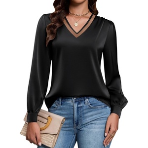 Blooming Jelly Women Silk Business Dressy Casual Blouses Long Sleeve Tops(Black)