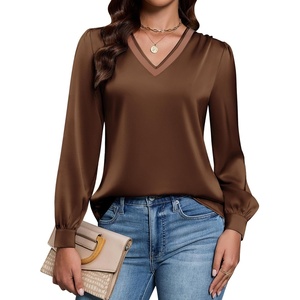 Blooming Jelly Women Silk Business Dressy Casual Blouses Long Sleeve Tops(Dark Brown)