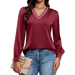 Blooming Jelly Women Silk Business Dressy Casual Blouses Long Sleeve Tops(Wine Red)