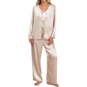 Blooming Jelly Women Silk Pajamas Set 2 Piece Satin PJ Sets Long Sleeve with Tie Lounge Sleepwear(Apricot)