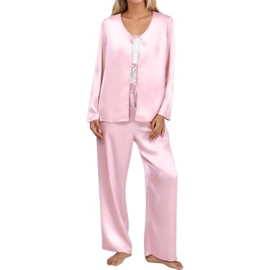 Blooming Jelly Women Silk Pajamas Set 2 Piece Satin PJ Sets Long Sleeve with Tie Lounge Sleepwear(Pink)