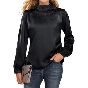 Blooming Jelly Womens Business Casual Tops Long Sleeve Work Shirts Mock Neck Dressy Tops Satin Silk Fall Outfits 2024(Black)