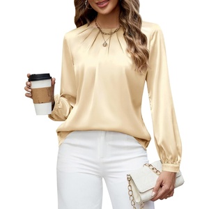 Blooming Jelly Womens Dressy Business Casual Blouse Pleated Long Sleeve Tops Satin Silk Work Shirt Fall Outfits 2026(Apricot Yellow)