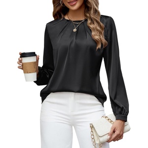 Blooming Jelly Womens Dressy Business Casual Blouse Pleated Long Sleeve Tops Satin Silk Work Shirt Fall Outfits 2026(Black)