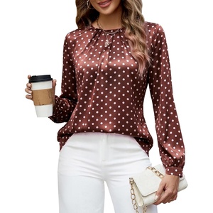 Blooming Jelly Womens Dressy Business Casual Blouse Pleated Long Sleeve Tops Satin Silk Work Shirt Fall Outfits 2026(Brown-polka Dots)