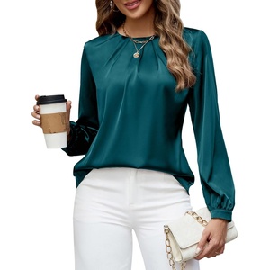Blooming Jelly Womens Dressy Business Casual Blouse Pleated Long Sleeve Tops Satin Silk Work Shirt Fall Outfits 2026(Dark Green)