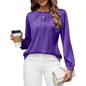 Blooming Jelly Womens Dressy Business Casual Blouse Pleated Long Sleeve Tops Satin Silk Work Shirt Fall Outfits 2026(Purple)