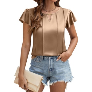 Blooming Jelly Womens Dressy Business Casual Blouse Pleated Ruffle Tops Key Hole Satin Silk Work Shirt Summer Outfits(Khaki)