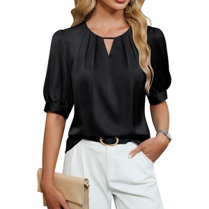 Blooming Jelly Women’s Dressy Business Casual Blouses Silk Puff Sleeve Tops Summer Outfits V Neck Pleated Work Shirts 2025(Black)