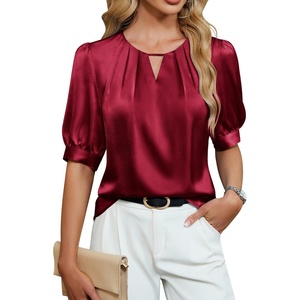 Blooming Jelly Women’s Dressy Business Casual Blouses Silk Puff Sleeve Tops Summer Outfits V Neck Pleated Work Shirts 2025(Wine Red)