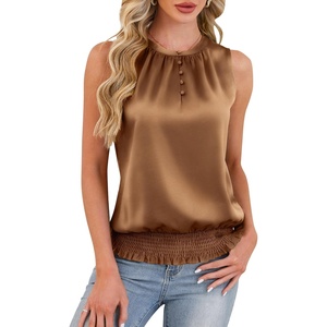 Blooming Jelly Womens Dressy Tank Tops Summer Sleeveless Work Blouses Silk Satin Shirts Business Casual Outfits 2025(Camel)