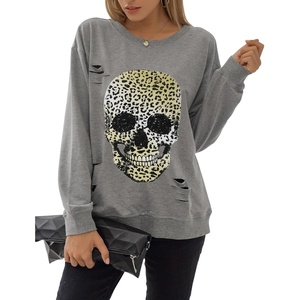 Blooming Jelly Women’s Halloween Sweatshirts Skull Shirts Fall Sweater(Grey-leopard Skull)