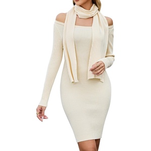 Blooming Jelly Womens Off Shoulder Sweater Dress Scarf Long Sleeve Dresses(Cream)