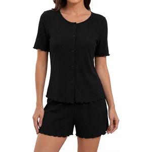 Blooming Jelly Womens Pajama Sets 2 Piece Pjs Lounge Set Button Down Soft Short Sleeve Sleepwear Top Shorts(Black)