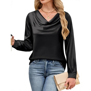 Blooming Jelly Womens Satin Blouse Cowl Neck Draped Long Sleeve Dressy Tops(Black)