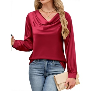 Blooming Jelly Womens Satin Blouse Cowl Neck Draped Long Sleeve Dressy Tops(Burgundy)