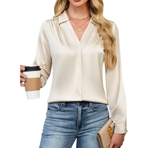 Blooming Jelly Womens Satin Button Down Shirts Work Dressy Casual Blouses Shirt Collar Long Sleeve Tops 2025(Beige)